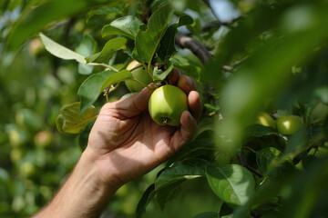 Hand picking fresh green apple from tree branch in an orchard