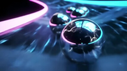 Futuristic 3D animation of rolling metallic spheres on a reflective track with neon blue and pink glowing lights - Powered by Adobe
