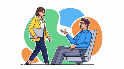 Colorful Black Outline Office Worker Illustrations – Walking with Laptop and Swivel Chair Discussion Scene