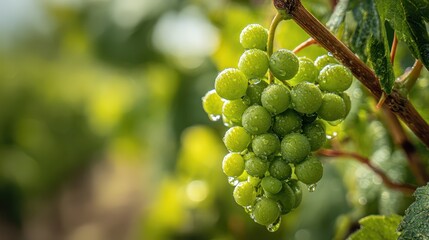 Cluster of pale green wine grapes with dew on grapevine leaves