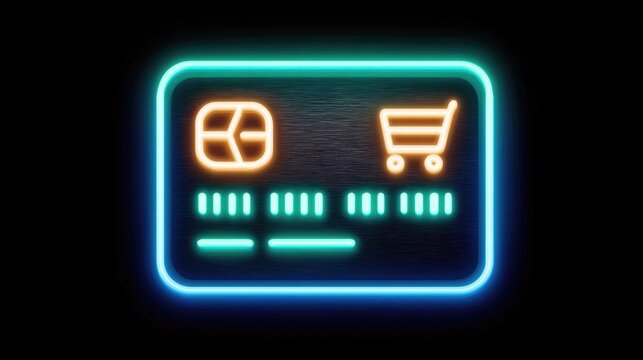 Neon credit card icon with glowing lines, chip detail, and payment visuals for business, e-commerce, and digital financial transaction concepts