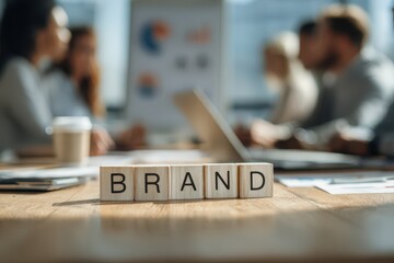 Collaborative branding workshop: professionals build brand awareness with tactile building blocks spelling BRAND