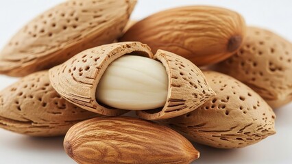 Close-up of natural almonds in shells, revealing a healthy snack.