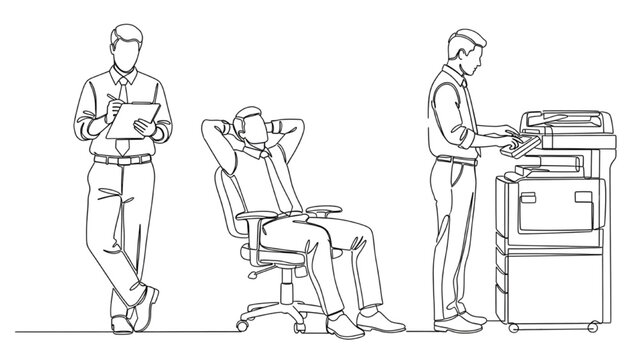 Office Worker Line Art Set &ndash; Continuous Black Outline Employees Using Clipboard, Relaxing, and Operating Printer