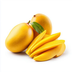 AI-generated image - A vibrant display of fresh, ripe yellow mangoes, featuring two whole fruits and several juicy slices and wedges, isolated on a clean white background. 