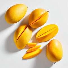 AI-generated image - A vibrant display of fresh, ripe yellow mangoes, featuring two whole fruits and several juicy slices and wedges, isolated on a clean white background. 