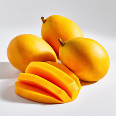 AI-generated image - A vibrant display of fresh, ripe yellow mangoes, featuring two whole fruits and several juicy slices and wedges, isolated on a clean white background. 
