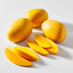 AI-generated image - A vibrant display of fresh, ripe yellow mangoes, featuring two whole fruits and several juicy slices and wedges, isolated on a clean white background. 