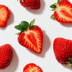 AI-generated image - A collection of fresh, ripe red strawberries, whole and halved, scattered against a clean white background. 