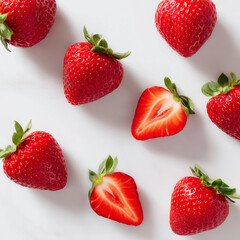 AI-generated image - A collection of fresh, ripe red strawberries, whole and halved, scattered against a clean white background. 