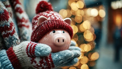 Naklejka premium Piggy bank with Santa hat in hand near Christmas tree lights