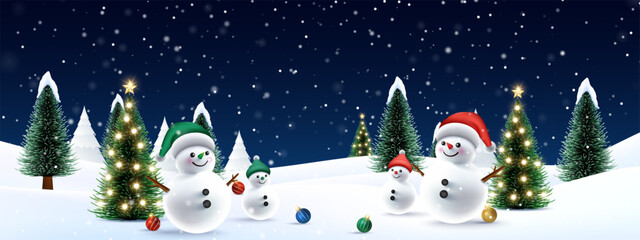 Merry Christmas decoration with christmas trees balls with fir branches and Christmas lights background. Christmas special sale and offer unit with snowflakes and snowman. 