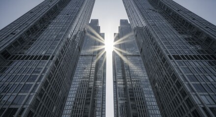 Two immense modern glass skyscrapers ascend dramatically towards a bright sunburst overhead