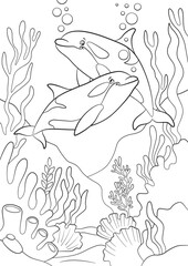 Black and white line art coloring page. Marine wild animals.A cute mother orca and her happy calf smiling at each other while swimming through a vibrant underwater coral reef with seaweed. 