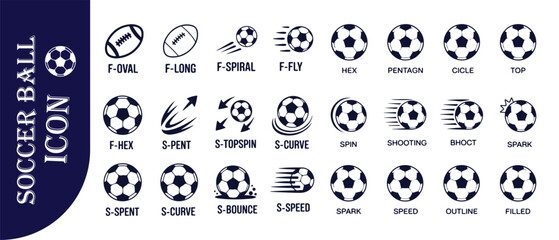 Soccer ball and football icon set with oval spiral hex pentagn and curve spin variations