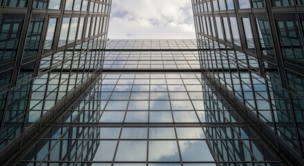 Obraz premium Two modern glass facades of corporate structures meet towards the sky reflecting cloudy weather