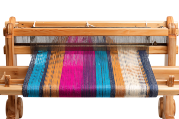 Weaving a Symphony of Threads: Close-up of a traditional loom in action, colorful threads interwoven, crafting a piece of textile. Symbolizing a craft and art