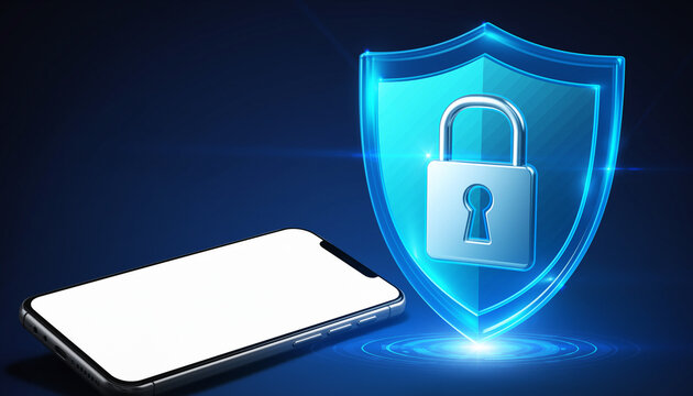 Digital Fortress: A depiction of a secure smart phone protected by a shining, digital shield and lock, showcasing data privacy.