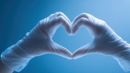 Compassionate care symbol: hand heart made from protective gloves in a clinical blue setting