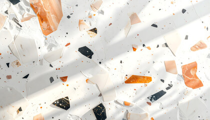 Bright Modern Terrazzo Background with Natural Sunlight and Orange, White, and Black Marble Fragments