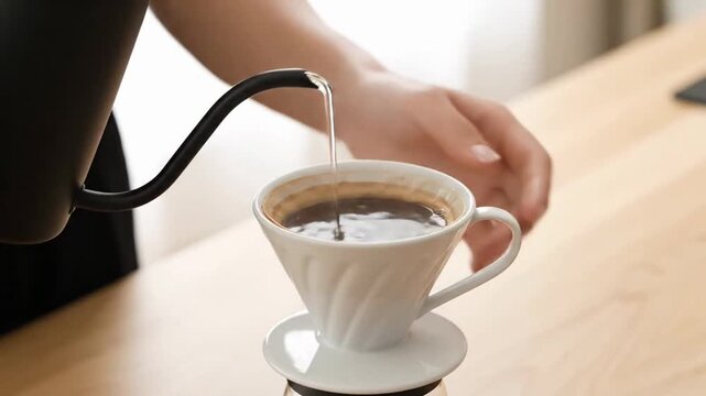 Close-up of a persons hand pouring hot water from a gooseneck kettle into a coffee dripper to brew pour-over coffee, with a white ceramic cup underneath, on a wooden table.