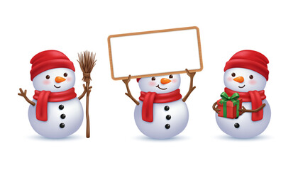 Cute Snowman Character Set with Broom, Blank Sign and Christmas Gift – Winter Holiday Illustration