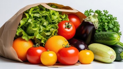 Fresh, healthy groceries spilling from a paper bag, brimming with vibrant vegetables and fruits.