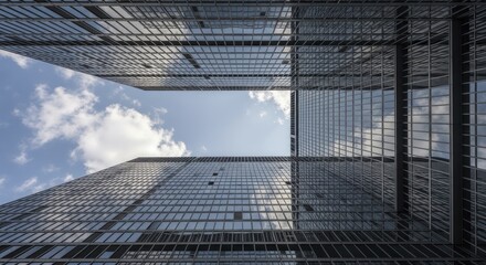 Two modern glass towers create a narrow passage framing a bright blue sky with white clouds
