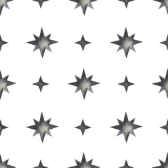 Abstract pattern in black and white colors. watercolor hand drawn stars on white background. Seamless texture for wrapping paper or textile