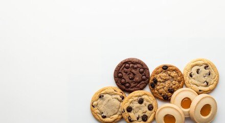 Obraz premium Assorted Chocolate Chip, Oatmeal and Jam Cookies on White Background with Copy Space