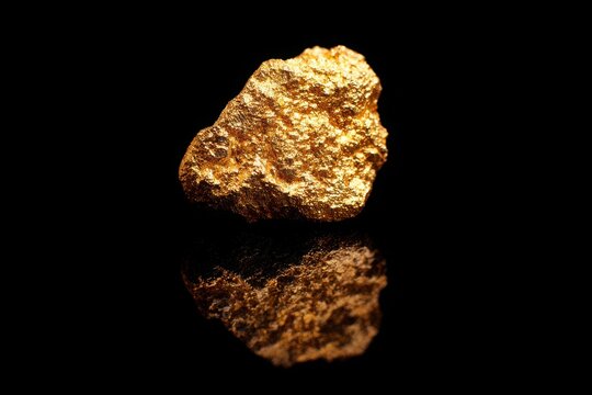 A gold rock is sitting on a black background