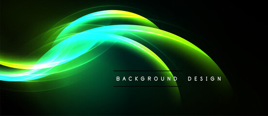 Abstract vibrant waves flow across dark background. Green, yellow hues create dynamic visual effect. Modern design element.