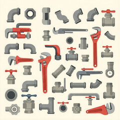 Flat Design Plumbing Icon Set with Water Pipes, Connectors, Valves, and Adjustable Wrenches