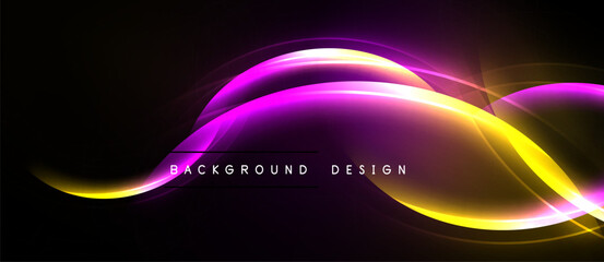 Abstract neon waves, vibrant purple, yellow hues. Dark background creates dramatic effect. Modern design element.