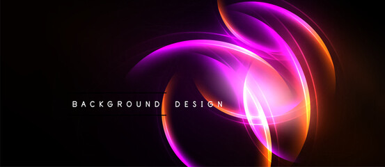 Abstract neon swirls, vibrant purple, orange hues. Dark background emphasizes glowing lines, modern design element.