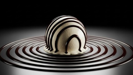 Decadent vanilla ice cream sphere drizzled with rich dark chocolate sauce