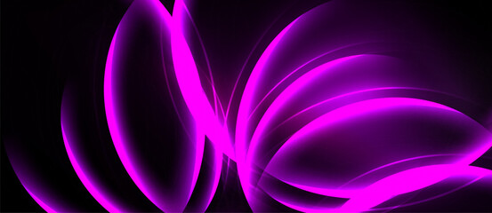 Abstract purple glows dominate black background. Smooth curves create flowing, dynamic visual effect. Brightness contrasts sharply with darkness.