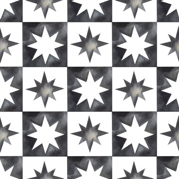 Abstract pattern. Watercolor hand-drawn stars on black and white squares. Chess board background. Seamless texture for wrapping paper or textile