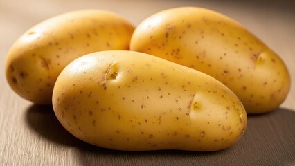 Three fresh, raw potatoes with earthy skin sit on a textured wooden surface, ready for cooking.