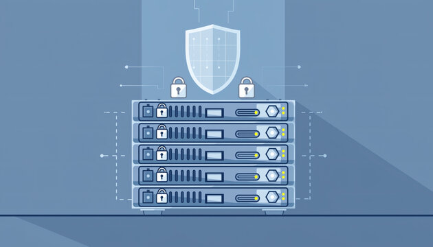 A flat 2D server rack with padlocks on each unit and a floating digital shield symbolizing strong security