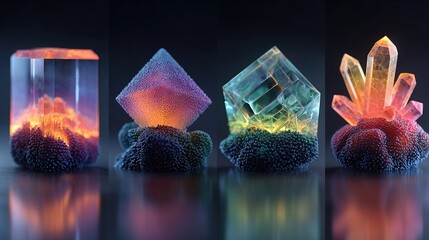 Neon crystal formations in 3D showcasing glowing geometric structures, vibrant neon colors for digital art, NFT collections, and futuristic design projects.