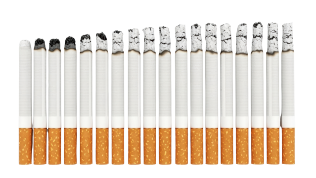 Progression of cigarettes burning symbolizes addiction, unhealthy choices, and a warning for health campaigns about smoking's deadly consequences