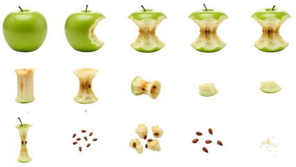 Stages of Eating a Green Apple Showing Core and Seeds, Promoting Healthy Eating and Sustainable Consumption, Perfect for Nutrition and Health