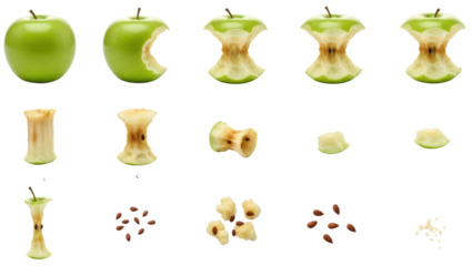 Stages of Eating a Green Apple Showing Core and Seeds, Promoting Healthy Eating and Sustainable Consumption, Perfect for Nutrition and Health