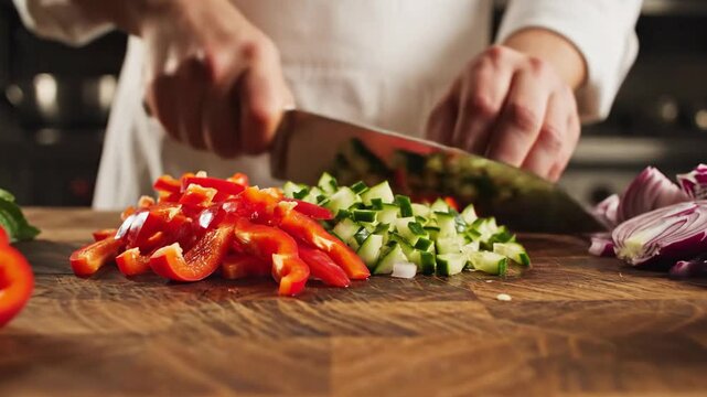 Chef Cutting Vegetables Fresh Salad Preparation, Food Prep