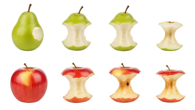 Stages of eating fruit shows a pear and apple from whole to core, illustrating consumption and food waste on a clean transparent backdrop - Powered by Adobe