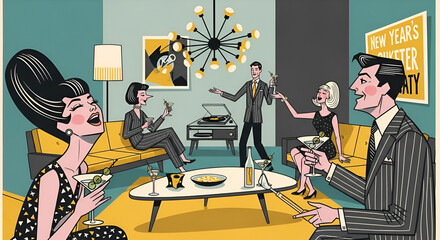 Groovy New Year's Eve party illustration with stylish retro guests in vintage attire enjoying cocktails and music in a hip mid century modern home