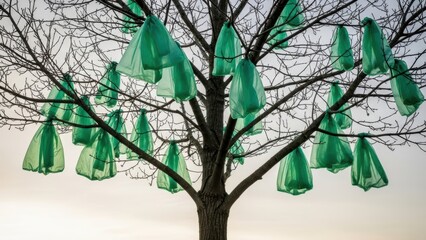 Striking tree adorned with vibrant green plastic bags evokes environmental concerns and creative reuse concepts, suitable for social impact campaigns