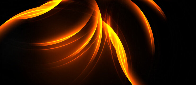 Abstract orange lines flow, creating dynamic energy. Dark background emphasizes bright curves, suggesting movement, warmth.