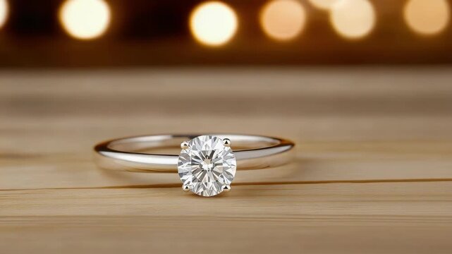 Elegant solitaire diamond engagement ring wooden surface with warm bokeh lights white gold jewelry